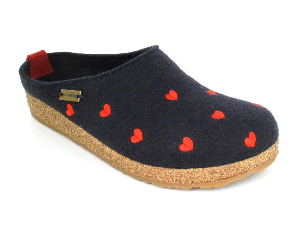 HAFLINGER Dames Vilten Pantoffels Grizzly Cuoricino, middenblauw