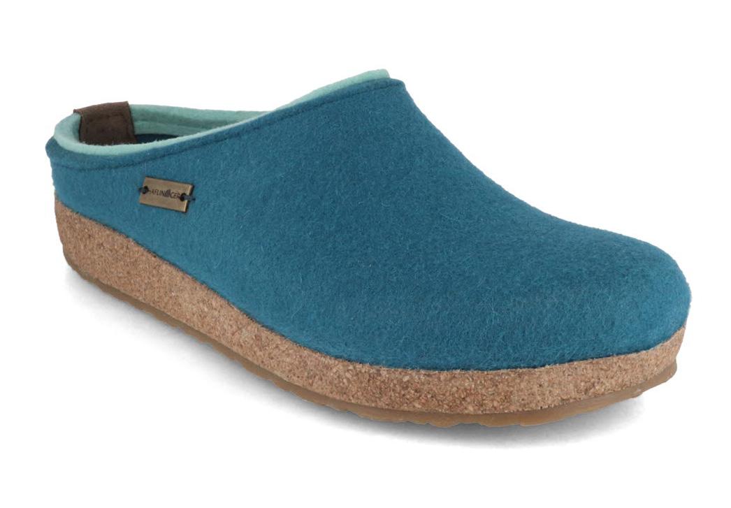 HAFLINGER Dames Vilten Pantoffels Grizzly Kris, turquoise
