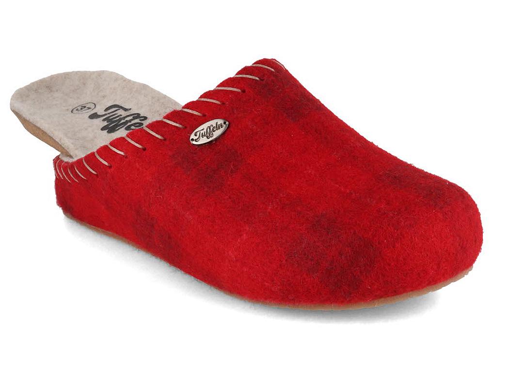 Tuffeln� Dames Vilt Pantoffels met Kurk Voetbed �Auszeit�, Rood Geruit
