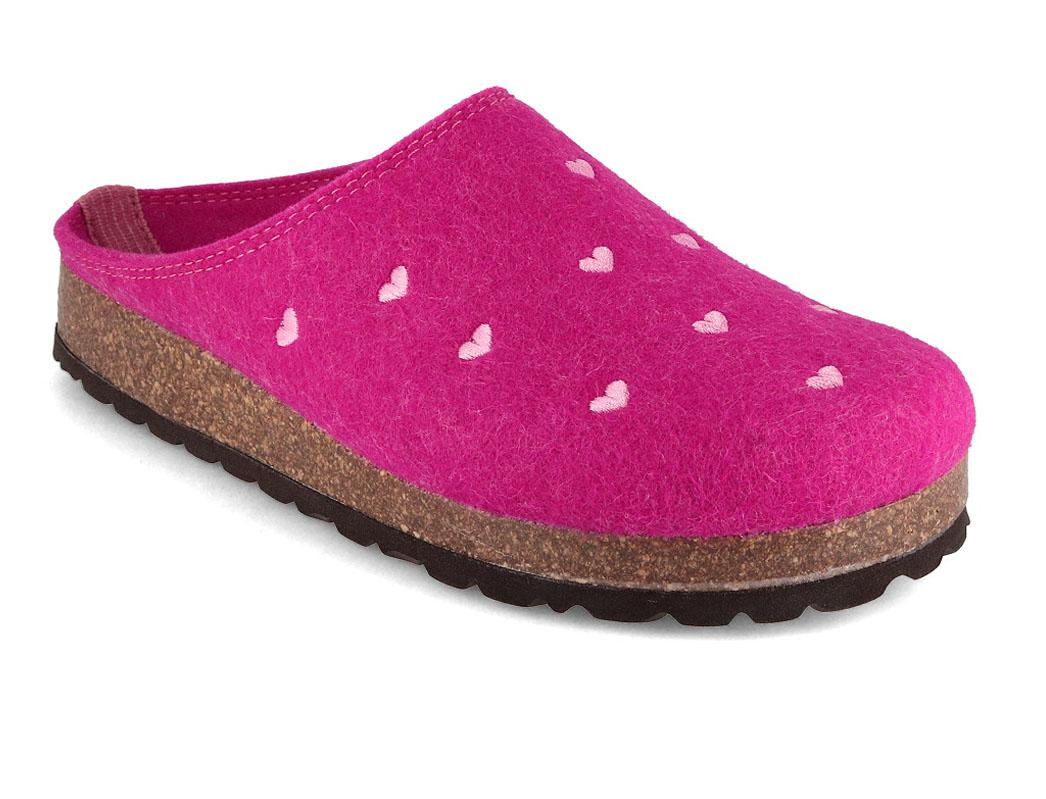 Tuffeln damessloffen van vilt met hartjes, fuchsia